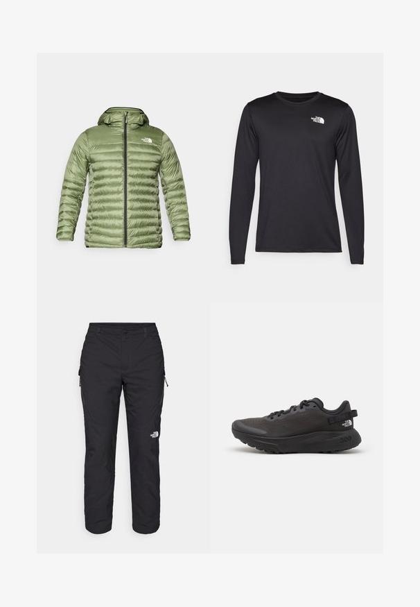 Maslinasto zelena puffer jakna s kapuljačom, koja ima kvadratni dizajn, zatvaranje na patentni zatvarač i logotip na gornjoj lijevoj strani.; Crna majica s dugim rukavima za performanse, napravljena od laganog materijala, s bijelim logotipom na gornjoj lijevoj strani prsnog koša. Glatka tekstura.; The North Face WINTER EXPLORATION TAPERED CARGO - Hlače za otvoreno - black; Crne atletske cipele s mrežastim gornjim dijelom, podstavljenim ovratnikom i gumenim potplatom. Imaju teksturirani dizajn i brandiranje na peti. Lagana konstrukcija.