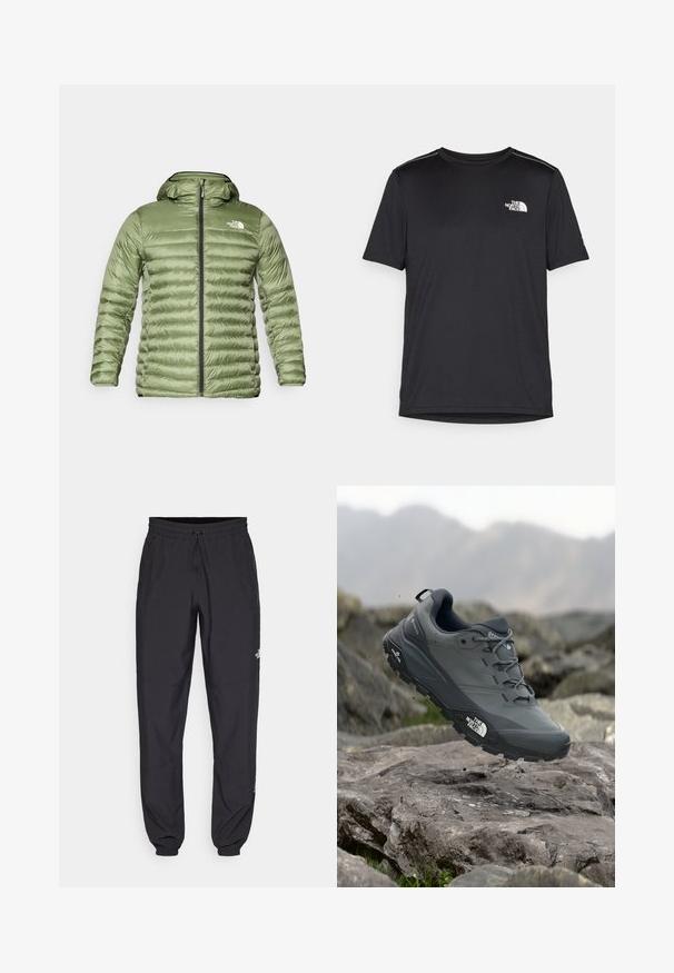 Oliven grønn puffjakke med hette, med en quiltet design, glidelås-lukking, og logo accent på øvre venstre side.; Svart kortermet T-skjorte laget av lett materiale. Har en liten hvit logo på venstre bryst og subtile skulderdetaljer.; Sorte idrettsbukser laget av lett stoff, med snor i livet, sidelommer og smale mansjetter ved anklene.; Grå terrengløpesko med en teksturert overdel, slitesterk gummisåle og forsterket tåhette. Inkluderer snørebånd og merkevarelogo på siden.