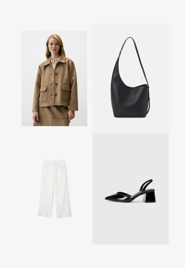 Brązowa skórzana kurtka z klasycznym kołnierzem, czterema przednimi kieszeniami i zapięciem na guziki. Posiada luźny krój i gładką teksturę.; Czarno-białe koszulki z długim rękawem, z okrągłymi dekoltami, z miękkiego materiału, o dopasowanym kroju i prostych zakończeniach.; Białe spodnie szerokie z miękkiego materiału, z elastycznym pasem i dwoma przednimi kieszeniami. Gładka tekstura i brak widocznych wzorów.; Czarne lakierowane półbuty na obcasie z wydłużonym noskiem i geometrycznym słupkiem. Charakteryzują się eleganckim, minimalistycznym designem oraz gładką fakturą.; Czarna skórzana torba hobo o gładkiej fakturze, zaokrąglonym kształcie i pojedynczym, regulowanym pasku; posiada szerokie otwarcie na górze.