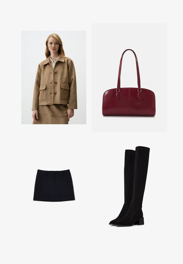 Bruine suède jas met een klassieke kraag, vier voorzakken en knoopsluiting. Beschikt over een ontspannen pasvorm en een soepele textuur.; Witte katoenen tanktop met een ronde halslijn, zonder mouwen en een getailleerde vorm. Soepele textuur, eenvoudig ontwerp en minimale stikdetails.; Zwarte mini-jurk met een aangesloten ontwerp, voorzien van twee zijzakken en een voornaaddetail. Gemaakt van een gladde, lichtgewicht stof.; Zwarte over-de-knie laarzen van zacht, textuurmateriaal. Voorzien van een blokhak, puntige neus en zichtbare naaddetails.; Zign LEATHER - Handtas - dark red