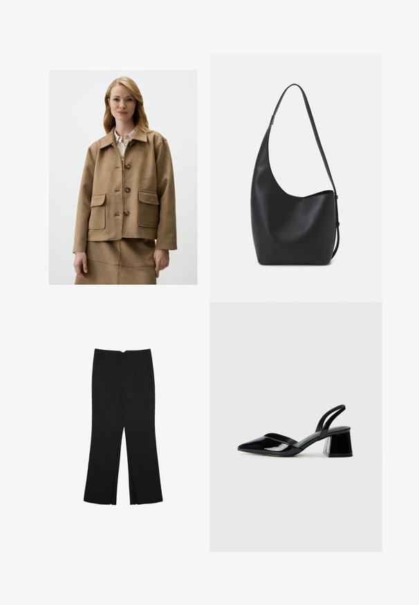 Brown suede jacket with a classic collar, four front pockets, and button closure. Features a relaxed fit and smooth texture.; Black long-sleeve cropped top with round neckline, plain design, and a slightly curved hem.; Black trousers with a straight fit, featuring front pockets and side slits at the hem. Made of soft, smooth fabric. Suitable for various occasions.; Black patent leather slingback heels with a pointed toe and a geometric block heel. Features a sleek, minimal design and smooth texture.; Black leather hobo bag with a smooth texture, curved shape, and single adjustable strap; features a wide opening at the top.