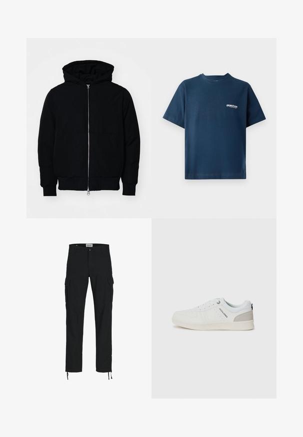 Svart hettejakke med frontglidelås, kengurulomme, ribbestrikket mansjetter og søm, vist på en ensfarget hvit bakgrunn.; Marineblå bomull T-skjorte med korte ermer og rund hals. Har en liten hvit logo på venstre brystområde. Myk tekstur.; Svarte cargo-bukser med rett snitt, med sidelommer, knappelukking og elastiske snorer ved anklene. Laget av slitesterkt stoff.; Hvite, avslappede joggesko med et perforert design og lyse grå detaljer, med snøring og merkevare på siden, vist på en enkel bakgrunn.