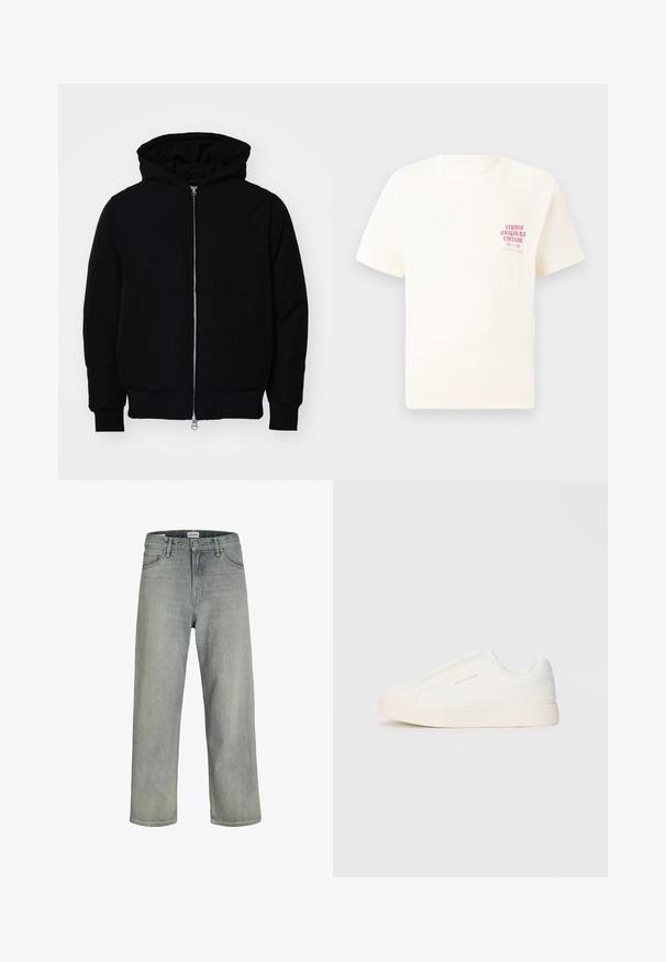 Veste à capuche noire avec fermeture éclair sur le devant, poche kangourou, poignets et ourlet côtelés, présentée sur un fond blanc uni.; T-shirt blanc à manches courtes avec le texte rouge "Édition Originals du Studio" sur la poitrine gauche, présenté sur un fond gris neutre.; Jeans gris clair, de coupe ample en denim. Présente un design classique à cinq poches, des passants de ceinture et une silhouette à jambe droite.; Baskets blanches sans lacets avec une surface texturée, une semelle épaisse et un design minimaliste. Présente le logo de la marque sur le côté.