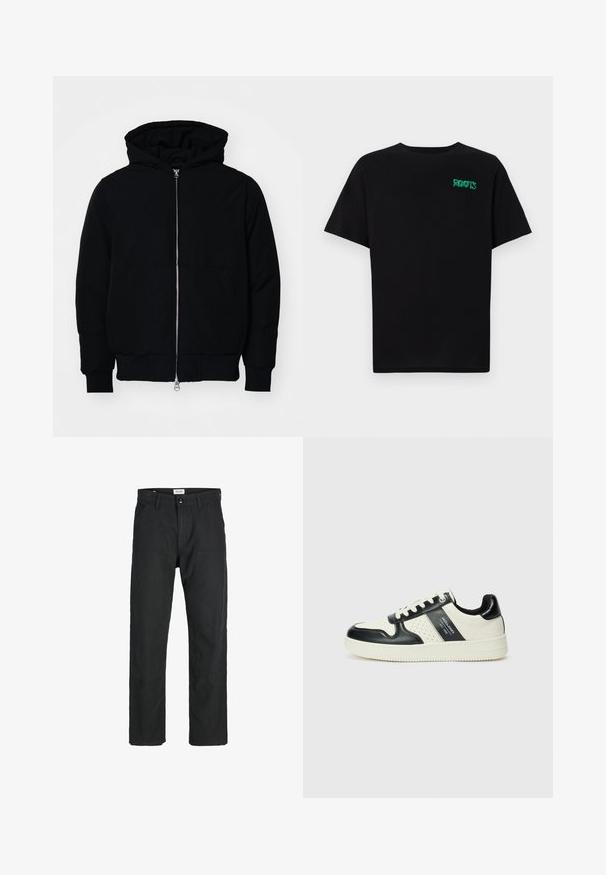 Giacca nera con cappuccio, dotata di zip frontale, tasca a marsupio, polsini e orlo a coste, esposta su uno sfondo bianco semplice.; T-shirt nera in cotone con maniche corte. Presenta un logo verde "ROOTS" sulla parte frontale, colletto rotondo e vestibilità standard.; Pantaloni neri realizzati in tessuto resistente, caratterizzati da un design a gamba dritta, dettagli cuciti e due tasche frontali per la funzionalità.; Sneakers in pelle con una combinazione di colori nero e crema, dotati di dettagli perforati, collare imbottito e suola testurizzata.