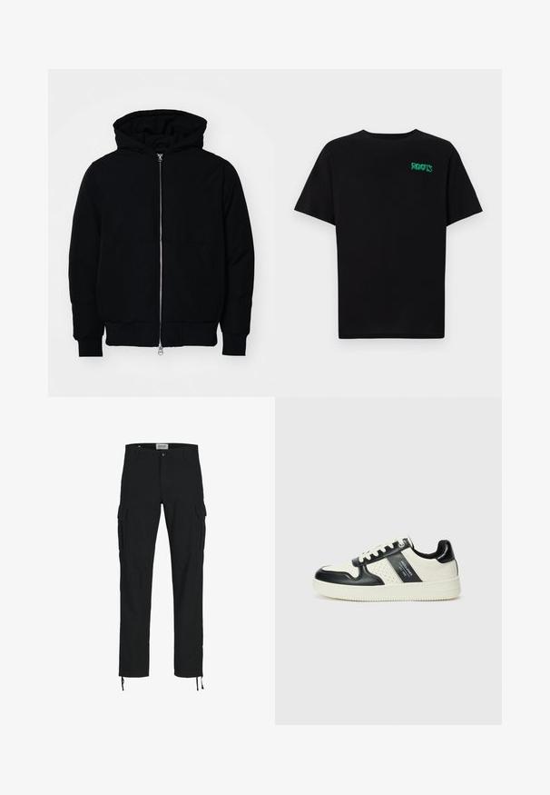 Veste à capuche noire avec fermeture éclair sur le devant, poche kangourou, poignets et ourlet côtelés, présentée sur un fond blanc uni.; T-shirt noir en coton à manches courtes. Présente un logo "ROOTS" vert sur le devant, un col rond et une coupe standard.; Pantalons cargo noirs avec une coupe droite, dotés de poches latérales, d'une fermeture à bouton et de cordons élastiques aux chevilles. Fabriqués en tissu résistant.; Baskets en cuir avec un schéma de couleurs noir et crème, dotées d'accents perforés, d'un col rembourré et d'une semelle texturée.
