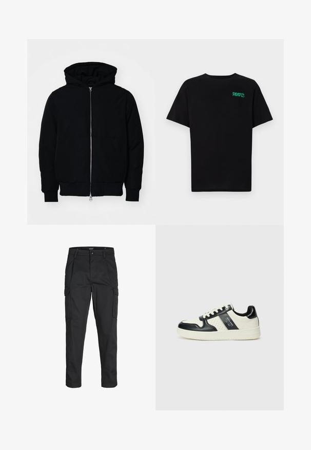 Črna kapuca jakna s sprednjim zadrgo, kenguru žepom, rebrastimi manšetami in hemom, razstavljena na enostavni beli ozadju.; Črna majica iz bombaža z kratkimi rokavi. Na sprednji strani ima zeleno logotip "ROOTS", okroglo ovratnico in standardno prileganje.; Črne cargo hlače iz trdnega blaga, ki imajo več žepov, gumbasto zapiranje in ozek kroj z zožanimi nogami.; Usnjeni športni čevlji z črno in krem barvno shemo, ki vključujejo perforirane dodatke, podložen ovratnik in strukturirano podplat.