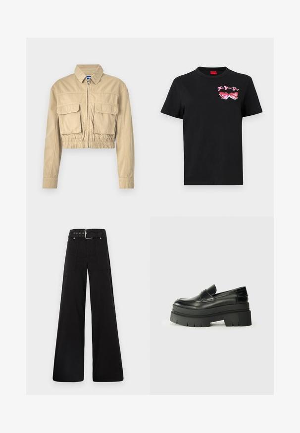 Jachetă bej, scurtă, din bumbac, cu fermoar pe față, două buzunare la piept, talie elastică și manșete cu nasturi. Textură netedă și design ușor.; Tricou din bumbac negru cu mâneci scurte, având o grafică roz cu o pereche de ochelari de soare și textul "Not Your Girl" pe zona stângă a pieptului.; Pantaloni negri cu croială largă, confecționați din bumbac, cu talie înaltă, buzunare laterale mari și talie prevăzută cu brâu cu accente din metal argintiu.; Loafers din piele neagră cu o talpă platformă masivă. Vârf rotunjit, detalii cu cusătura frontală și accente subtile de broderie. Talpă plată, texturată.