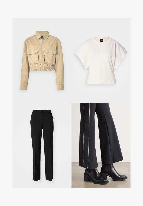 Zkrácená krémová bunda vyrobená z bavlny s předním zipem, dvěma náprsními kapsami, elastickým pasem a manžetami na knoflík. Hladká textura a lehký design.; Bílý zkrácený T-shirt, krátké široké rukávy, měkký bavlněný materiál, kulatý výstřih s jemným oranžovým lemováním, minimalistický design, bez vzorů nebo grafik.; Černé kalhoty na míru se střihem do rovna, které mají hladkou texturu a ostré sklady na přední straně. Bez viditelného kování.; Černé kožené kotníkové boty na blokovém podpatku, s elastickými bočními panely. V kombinaci s černými kalhotami, které mají bílý boční pruh.