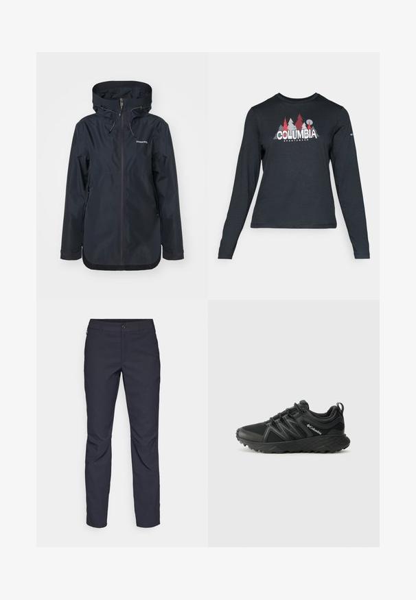 Tumed veekindel jope poolse paelaga, reguleeritava kapuutsi ja kahe tõmblukkudega küljetaskuga. Sile tekstuur ja minimalistlik disain.; Pikend varrukatega tumehall särk, millel on punaste puude ja mägede graafika; "COLUMBIA" logo julge valge tekstiga. Pehme kangas, tavaline ümmargune kaelus.; Tumedat sinised püksid sujuva kangaga, millel on esiääre nuppude sulgemine, kitsas lõige ja volditud detailid põlvede piirkonnas.; Columbia PEAKFREAK - Matkajalatsid - black