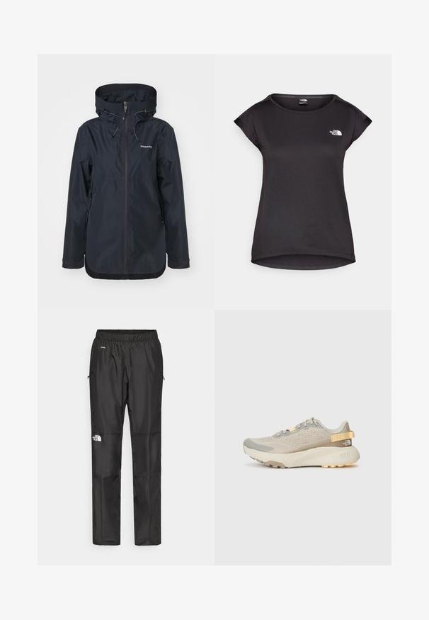 Marineblaue wasserdichte Jacke mit halbem Reißverschluss, verstellbarem Kapuze und zwei Reißverschlusstaschen an den Seiten. Glatte Textur und minimalistisches Design.; The North Face TANKEN TANK - Sport T-Shirt - black; Schwarze wasserdichte Hose aus leichtem Material, mit elastischem Bund, Seitentaschen und einem Logo am linken Bein.; Hellbeige Laufschuh mit einem strukturierten Mesh-Obermaterial, grauen Akzenten, einer robusten Gummisohle und einer hinteren Schlaufe für einfaches Anziehen.