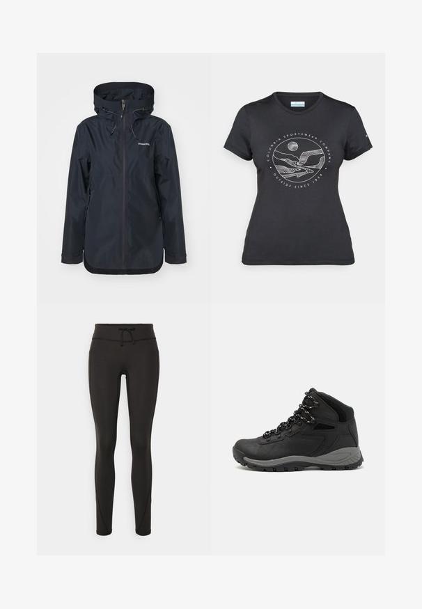 Laivaston vedenpitävä takki, jossa on puolivetoketju, säädettävä huppu ja kaksi vetoketjullista sivutaskua. Sileä pinta ja minimalistinen muotoilu.; Musta Columbia T-paita, jossa on valkoinen ympyrämuotoinen vuori- ja joki-viivataide sekä teksti "Columbia Sportswear Company Ulkona vuodesta 1938."; Mustat legginsit, joissa on korkea vyötärö, nauhakuja, sileä pinta ja istuva muotoilu. Sivussa on ompeluyksityiskohtia.; Musta vaelluskenkä, jossa on puolivartinen muotoilu, jolle on ominaista teksturoitu päällinen, harmaat yksityiskohdat ja kestävä kumipohja, jossa on pitoita lisääviä lukuja.