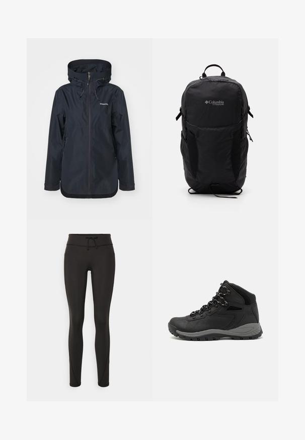 Chaqueta impermeable azul marino con media cremallera, capucha ajustable y dos bolsillos laterales con cremallera. Textura suave y diseño minimalista.; Camiseta negra de Columbia con un arte lineal circular de montaña y río en blanco y el texto "Columbia Sportswear Company Fuera desde 1938."; Leggings negros con cintura alta, cordón, textura suave y diseño ajustado. Presenta detalles de costura a lo largo de los laterales.; Bota de senderismo negra con un diseño de medio caña, que cuenta con una parte superior texturizada, acentos grises y una suela de goma duradera con tacos de tracción.; Mochila Columbia Titanium negra con una textura de tela suave, bolsillos laterales, asa superior y correas ajustables. Diseño minimalista con una marca sutil.