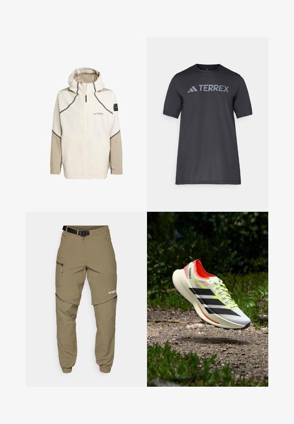 Gaišs, krēmkrāsas jakas ar rāvējslēdzēju priekšpusē, kapuci un pelēkiem akcentiem. Iekļauj teksturētas piedurknes un logo uz krūtīm zīmola atpazīšanai.; Melna īsām piedurknēm T-kreklu, kas izgatavots no viegla auduma, ar gaismu pelēku "TERREX" logo krūšu daļā un apaļu kakla izgriezumu.; Bēša āra bikses ar jostu, sānu kabatām ar rāvējslēdzēju un elastīgām aprocēm. Tām ir noplēšams dizains daudzpusībai un gluda tekstūra.; Viegls skriešanas apavu balā krāsā ar melnām svītrām, sarkaniem akcentiem un dzeltenām auklām; tam ir strukturēts virsējais slānis un mīkstināta zolīte.