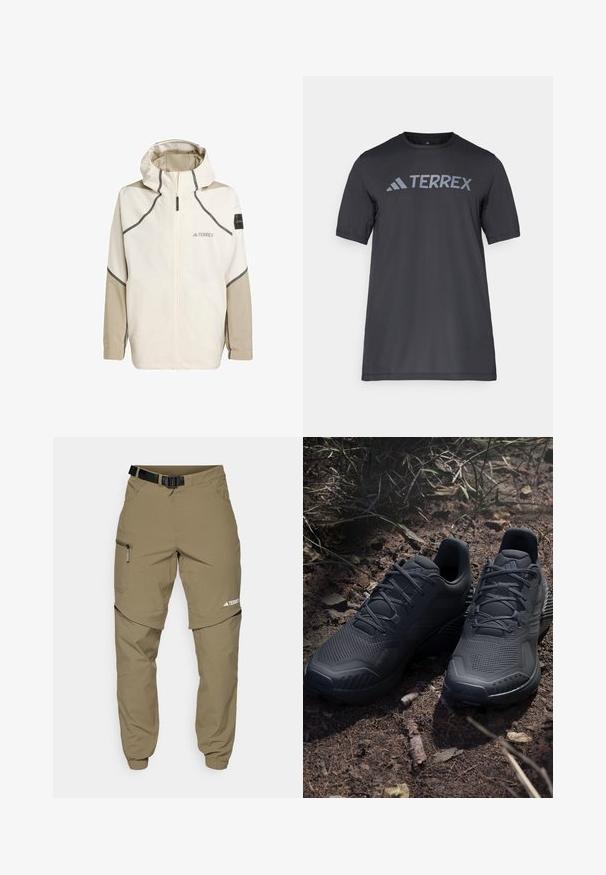 Lehká krémová bunda se zipem vpředu, kapucí a šedými detaily. Má texturované rukávy a logo na hrudi pro branding.; Černé tričko s krátkým rukávem vyrobené z lehkého materiálu, s světle šedým logem "TERREX" přes hruď a kulatým výstřihem.; Khaki outdoorové kalhoty s nastavitelním černým páskem, zipovými kapsami, zúženými nohavicemi a odnímatelnými spodními nohavicemi pro univerzální styl.; Černé atletické boty s texturovaným pleteným svrškem, zpevněnou špičkou a měkkou podešví, vystavené na zemi s přírodními odstíny a roztroušenými větvičkami.