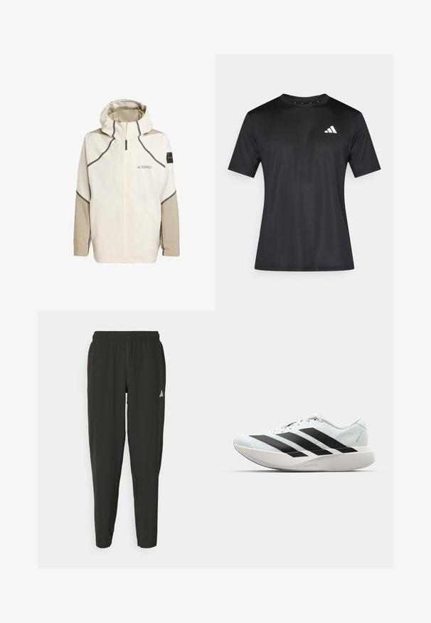 Gaišs, krēmkrāsas jakas ar rāvējslēdzēju priekšpusē, kapuci un pelēkiem akcentiem. Iekļauj teksturētas piedurknes un logo uz krūtīm zīmola atpazīšanai.; Melns sporta t-krekls no viegla tīklenes auduma, ar īsām piedurknēm un baltu logotipu kreisajā krūšu daļā.; Melnas sporta bikses ar elastīgu jostasvietu, pārslīdējošu piegriezumu un baltu logotipu uz kreisā kāja. Gluda, viegla auduma struktūra.; Gaiši zili vieglie skriešanas apavi ar melniem svītrainiem. Iezīmēti ar gludu augšpusi, apaļu purngalu un biezāko balto vidējo zoli, kurā ir uzraksts "LIGHTSTRIKE PRO."