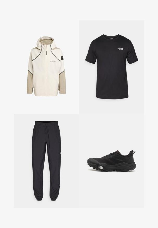 Chaqueta ligera de crema con cierre delantero, capucha y detalles en gris. Cuenta con mangas texturizadas y un logotipo en el pecho para la marca.; Camiseta negra de manga corta, hecha de algodón, con un cuello redondo y un pequeño logo blanco en la parte superior izquierda del pecho.; Pantalones deportivos negros hechos de un tejido ligero, con una cinturilla ajustable, bolsillos laterales y puños ajustados en los tobillos.; Zapatilla de trail running negra con upper texturizado, suela de goma y puntera reforzada. Presenta un collar acolchado y una lengüeta para poner y quitar fácilmente.