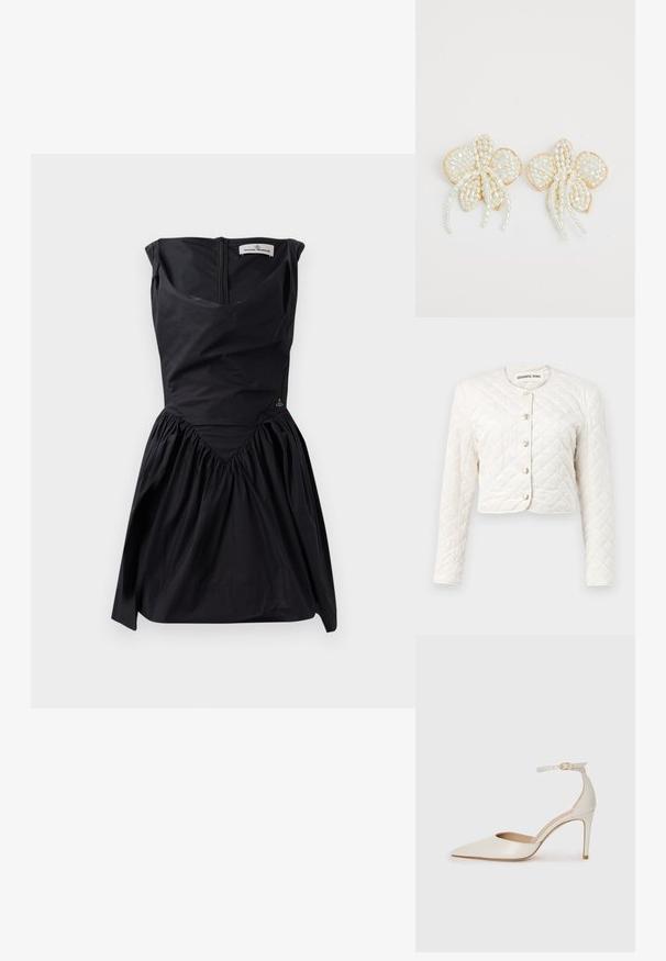 DESIGNERS REMIX VICTORIA JACKET - Viegla jaka - cream; Melnas bezpiedurkņu kleitas ar strukturētu augšdaļu, salocītu svārku un V-veida šuvju detaļu. Iekļauta aizmugures rāvējslēdzis un smalks logo akcenti.; Baltas ādas augstpapēžu kurpes ar smailu purngala daļu, potītes siksniņu un šauru stiletto papēdi. Gluda tekstūra ar smalku spīdumu.; Pērļu ziedu auskari ar zelta akcentiem. Katram ziedlapam ir mazas, apaļas pērles, sakārtotas ziedu dizainā, ar piekārtiem pērļu elementiem.