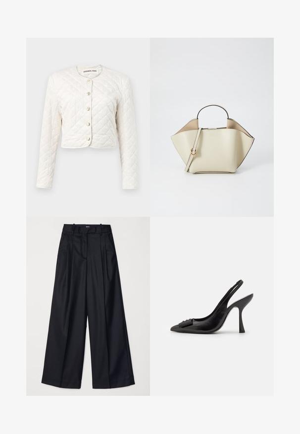 DESIGNERS REMIX VICTORIA JACKET - Light jacket - cream; White long-sleeve collared shirt made of cotton. Features a button-down front and a single chest pocket. Smooth texture, relaxed fit.; Black wide-leg trousers made of smooth fabric, featuring a high waist, pleats, and a tailored design. Simple black hardware at the waist.; Black leather slingback shoe with a pointed toe, slim high heel, and a decorative bow accent. Smooth texture and sleek design.; Ree Projects ANN - Handbag - beige