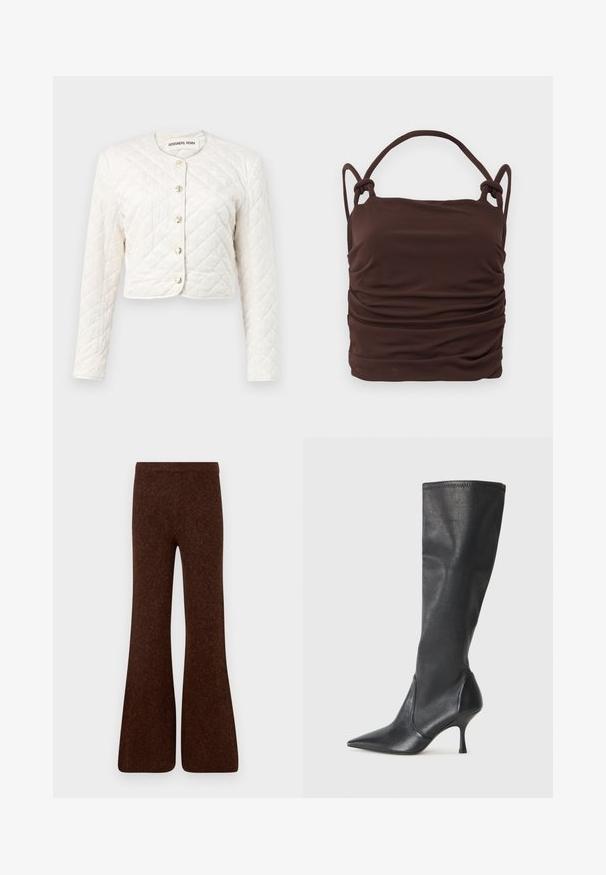 DESIGNERS REMIX VICTORIA JACKET - Lengva striukė - cream; Rudas, raukšlėtas audinio viršus su reguliuojamomis mazginėmis petnešomis, pasižymintis lygiu paviršiumi ir stačiakampiu siluetu. Nėra matomų detalžių ar raštų.; Rudos plačios kelnės, pagamintos iš tekstūruoto audinio, su aukštu liemeniu ir lygiu paviršiumi, plačiomis kojomis. Matomų detalių nėra.; Juodų odinių batų iki kelių su smailiu pirštu ir plonu stiletto kulnu. Lygus paviršius, pritaikytas dizainas ir siuvimas viršutiniame krašte.