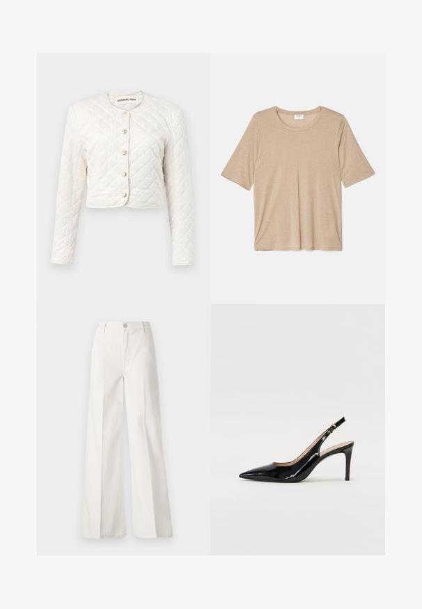 DESIGNERS REMIX VICTORIA JACKET - Jachetă subțire - cream; Filippa K ELENA TEE - Tricou cu imprimeu - sandstone; Pantaloni albi cu picioare largi, confecționați din bumbac cu o textură fină. Prezintă un buton în față, fermoar și un design cu patru buzunare.; Pantofi slingback din piele patent neagră, cu vârful ascuțit, tocul subțire și un design discret cu decupaj. Se evidențiază printr-un cataramă aurie pe curea.