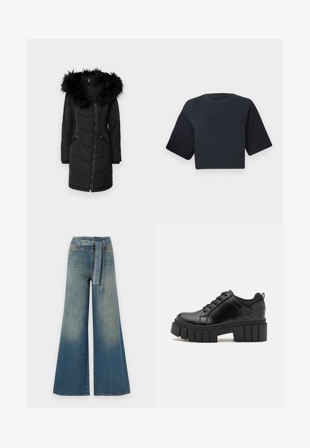 ONLY LINETTE HOOD COAT - Ziemas mētelis - black; Tumši zili izgriezts adīts džemperis ar ribotu tekstūru, īsām platām piedurknēm un apaļu kakla izgriezumu. Vienkāršs dizains, bez redzamām rakstu vai akcentiem.; Platām kājām džinsu bikses ar gaismas līdz tumši zilam gradientam, augstu jostas līniju, jostas cilpām un atbilstošu auduma jostu. Tekstūrēts džinsas apdare.; Melnas ādas platformas kurpes ar masīvu bloku papēdi, apaļu purngalu un tradicionālu saistīšanas dizainu. Izceļas ar gludu tekstūru un minimālu apdari.