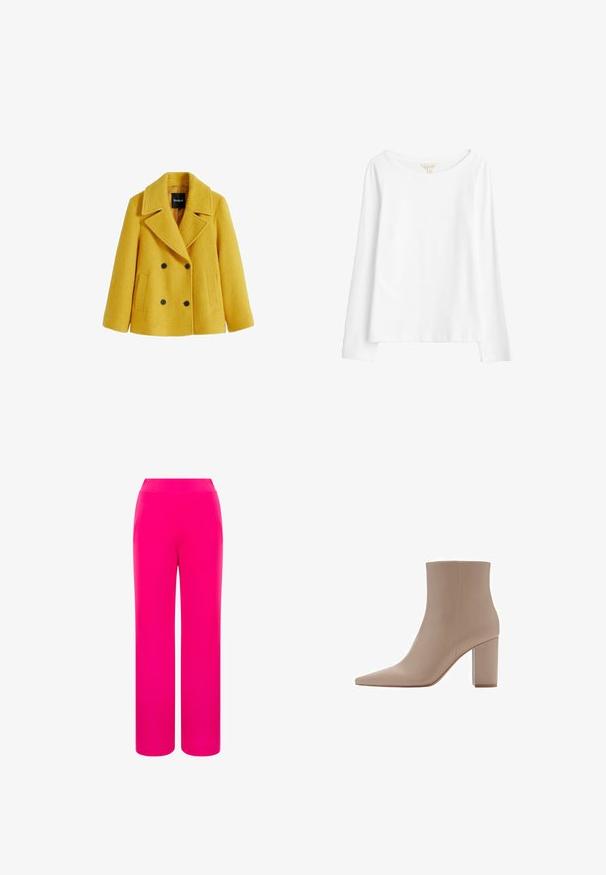 Yellow wool blend peacoat with a textured finish, double-breasted design, wide lapels, two front patch pockets, and black button accents.; Seasalt Cornwall Long sleeved top - white salt; Bright pink wide-leg pants with a smooth texture and a high waist design. Made from lightweight fabric for comfort and ease of movement.; Beige ankle boot with a pointed toe, made of smooth material, featuring a transparent block heel and minimalistic design.