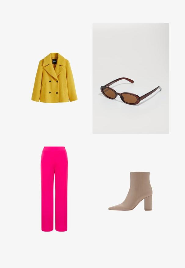 Manteau de marin en mélange de laine jaune avec une finition texturée, design double boutonnage, larges revers, deux poches plaquées à l'avant et accents de boutons noirs.; Seasalt Cornwall T-shirt à manches longues - white salt; Pantalon large rose vif avec une texture lisse et un design taille haute. Fabriqué en tissu léger pour le confort et la liberté de mouvement.; Bottine beige à bout pointu, fabriquée en matériau lisse, dotée d'un talon bloc transparent et d'un design minimaliste.; Lunettes de soleil rondes teinte brun avec une monture bordeaux brillante. Branches fines avec un détail de marque subtil. Design de verres plats.