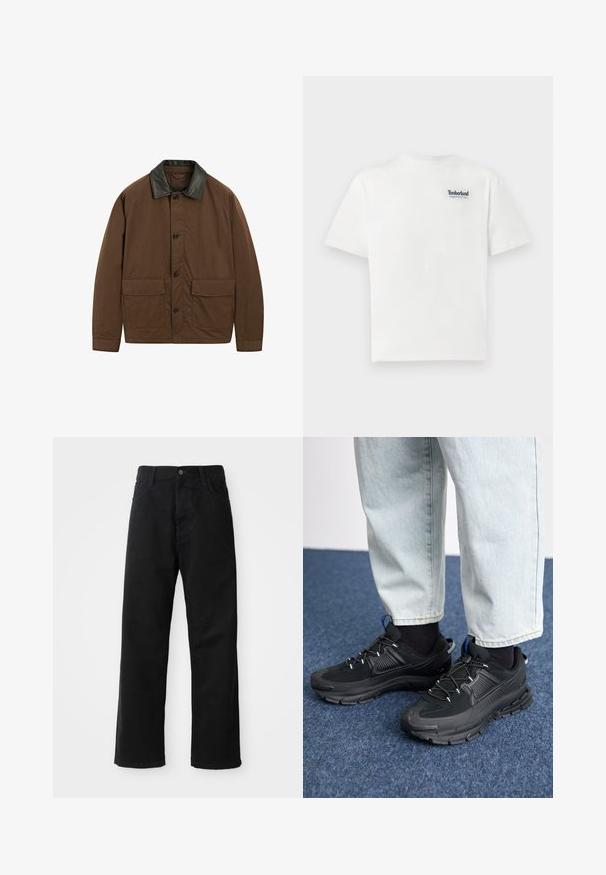 Brązowa kurtka wykonana z tkaniny z czarnym skórzanym kołnierzem, posiadająca dwie przednie kieszenie, zapięcie na guziki oraz luźny krój.; Biała bawełniana koszulka z niebieskim haftowanym logo "Timberland Rugged Active Gear" na górnej lewej części piersi. Krótkie rękawy i okrągły dekolt.; Czarne dżinsy o prostym kroju, z przednimi kieszeniami, zamkiem błyskawicznym i pojedynczym guzikem z przodu. Teksturowana tkanina o matowym wykończeniu.; Czarne buty sportowe z teksturowanej tkaniny i gumowymi podeszwami, z elastycznymi sznurówkami i niebieskim akcentem na pięcie. Noszone z jasnymi dżinsami.