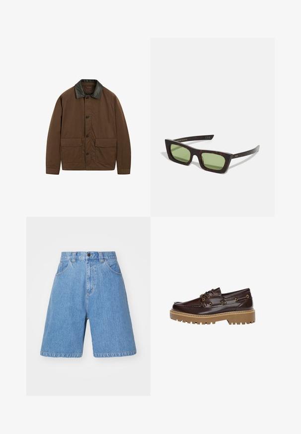 Brown jacket made of fabric with a black leather collar, featuring two front pockets, button closure, and a relaxed fit.; Three white tank tops made of ribbed cotton. Each has a round neckline and a small logo tag at the hem. Classic, simple design.; Light blue denim shorts with a loose fit, high waist, five-pocket design, and subtle fading. Features a button closure and belt loops.; Brown leather boat shoe with textured finish, featuring gold hardware accents, a thick tan rubber sole, and a classic lace-up design.; Tortoiseshell sunglasses with a rectangular frame, green lenses, and slender arms. Accents include gold text on the temple.