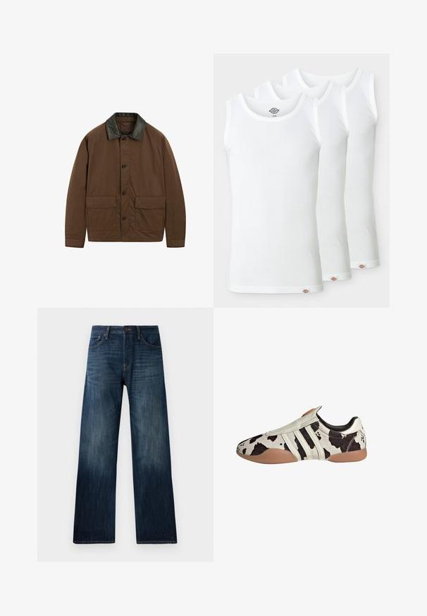 Bruine jas van stof met een zwart leren kraag, voorzien van twee voorzakken, knoopsluiting en een ontspannen pasvorm.; Drie witte tanktops van ribgebreide katoen. Elke top heeft een ronde halslijn en een klein logo-label aan de zoom. Klassiek, eenvoudig design.; Donkerblauwe spijkerbroek met een recht model, voorzien van een lichte stof, riemlussen en een klassieke vijf-pocket stijl.; Witte en zwarte leren schoenen met een patroon en een textuurafwerking, met drie witte horizontale strepen en een bruine rubberen zool.