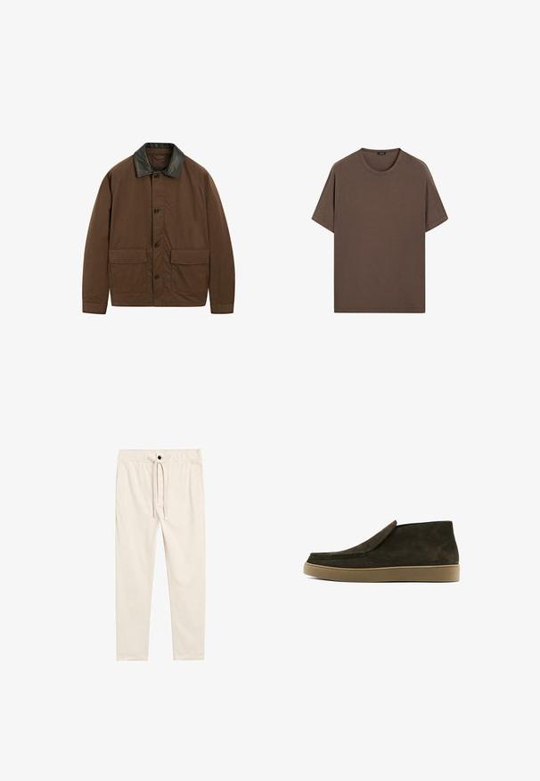 Bruine jas van stof met een zwart leren kraag, voorzien van twee voorzakken, knoopsluiting en een ontspannen pasvorm.; Bruine katoenen t-shirt met een ronde hals en korte mouwen. Eenvoudig ontwerp met een gelijkmatige textuur en een comfortabele pasvorm. Geen patronen of accenten.; Beige, lichtgewicht katoenen broeken met een trekkoord in de taille, zijzakken en een knoopsluiting, met een gladde textuur.; Bruine suede instappers met een gladde afwerking, ronde neus en een lichtbruine rubberen zool. Bovenkant heeft een eenvoudig, strak design.