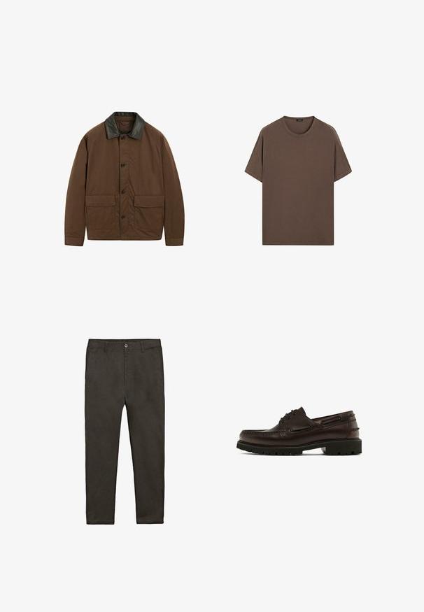 Hnědá bunda vyrobená z látky s černým koženým límcem, vybavená dvěma předními kapsami, zavíráním na knoflíky a uvolněným střihem.; Hnědé bavlněné tričko s kulatým výstřihem a krátkým rukávem. Jednoduchý design s rovnoměrnou strukturou a uvolněným střihem. Bez vzorů nebo akcentů.; Tmavě šedé kalhoty rovného střihu s poutky na pás, bočními kapsami a knoflíkovým zapínáním v pase.; Hnědé kožené boty s kulatou špičkou, šněrovacím designem, robustní podrážkou a dekorativním prošitím. Obsahují kovové okénka po stranách.