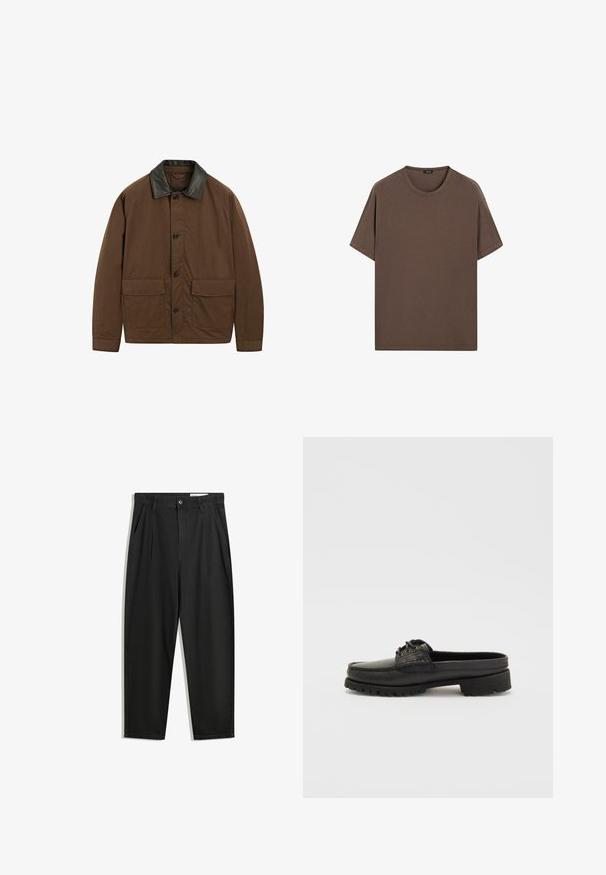 Brown jacket made of fabric with a black leather collar, featuring two front pockets, button closure, and a relaxed fit.; Brown cotton t-shirt with a round neck and short sleeves. Simple design with an even texture and a relaxed fit. No patterns or accents.; Black cotton trousers with a relaxed fit, featuring a classic waistband, front pleats, and side pockets. Smooth texture without patterns.; Black leather slip-on shoe with lace detail, rounded toe, and textured sole. Features a slightly elevated heel and smooth finish.
