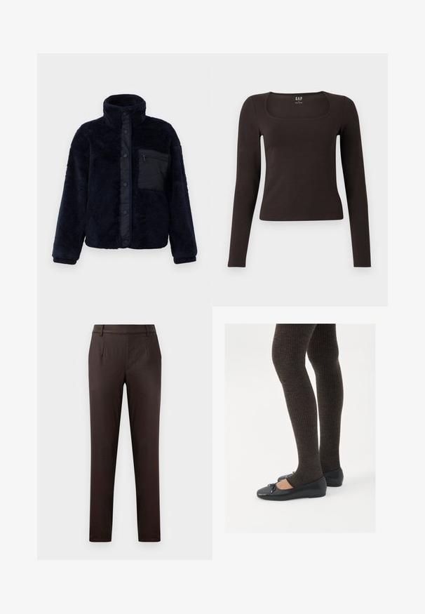Tumedana sinine fliisjakker kõrge kaelusega, nupuklõpsudega ja tekstureeritud pinnaga. Vasakul rinnal on must tõmblukuga tasku.; Must musta, sobiv ülikond, neljakandiline kaelus, sildiga GAP, valge tausta peal.; Pruunid kohandatud püksid sileda tekstuuriga, millel on eesmine taskud, tasane esiosa disain ja kitsas siluett.; Mustad mustad kingad väikese teksaga varvaste juures, koos tumedate pruunide ribakangastega. Kingadel on sile tekstuur ja madal profiil.