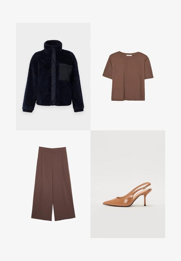 Mörkblå fleecjacka med hög krage, tryckknappar och en strukturerad yta. Har en svart dragkedjeficka på vänster bröst.; Brun kortärmad t-shirt i mjukt tyg, med rund halsringning och avslappnad passform. Inga synliga mönster eller detaljer.; Bruna vida byxor med en slät textur, som har hög midja och framfickor. Tyget är lätt och flödar löst.; Tåspets slingback-häl i ett slätt, glansigt brunt material. Har en kurvad utskärning och en smal stilettklack. Silverdetalj med spänne.