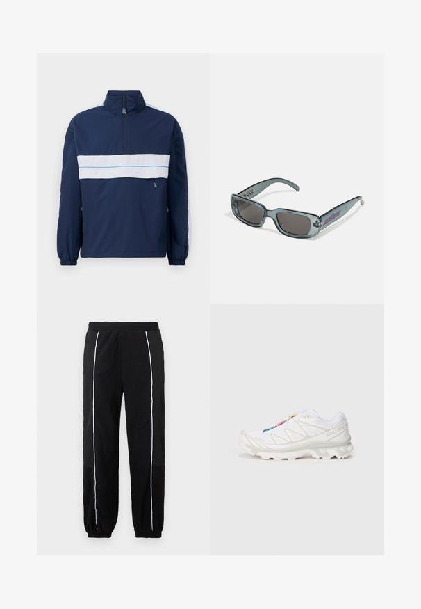 Navy blue pullover jacket with a high collar, featuring a white horizontal stripe and light blue accent across the chest. Elastic cuffs.; Black fleece sweatshirt with half-zip, hood, and white accent line. Logo printed on chest; features elastic cuffs and hem. Soft texture.; Black sweatpants with white side stripes, elastic waistband, and cuffs. Made from soft, textured fabric for comfort and flexibility.; White athletic shoe with textured mesh upper, reflective accents, and a cushioned sole. Notable brand logo on the side.; Santa Cruz INFERNO UNISEX - Sunglasses - crystal black
