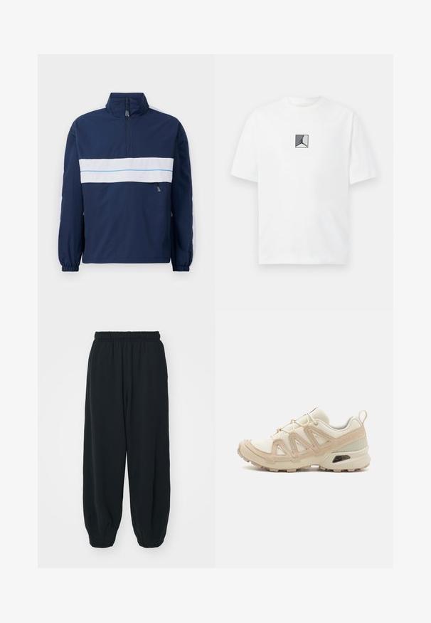 Jachetă pulover bleumarin cu guler înalt, având o bandă orizontală albă și un accent bleu deschis pe piept. Mansete elastice.; Tricou alb din bumbac, cu un grafic central în tonuri de negru și gri. Guler clasic tip crew și mâneci scurte, cu o potrivire lejeră.; Pantaloni de trening negri, cu talie elastică, cu o croială lejeră, la baza pantaloni fiind strânși, având o textură netedă și fără modele sau accente metalice vizibile.; Pantofii sport bej și crem au un superior din plasă texturată, suprapuneri de susținere și o talpă din cauciuc cu un model de profil pentru aderență.