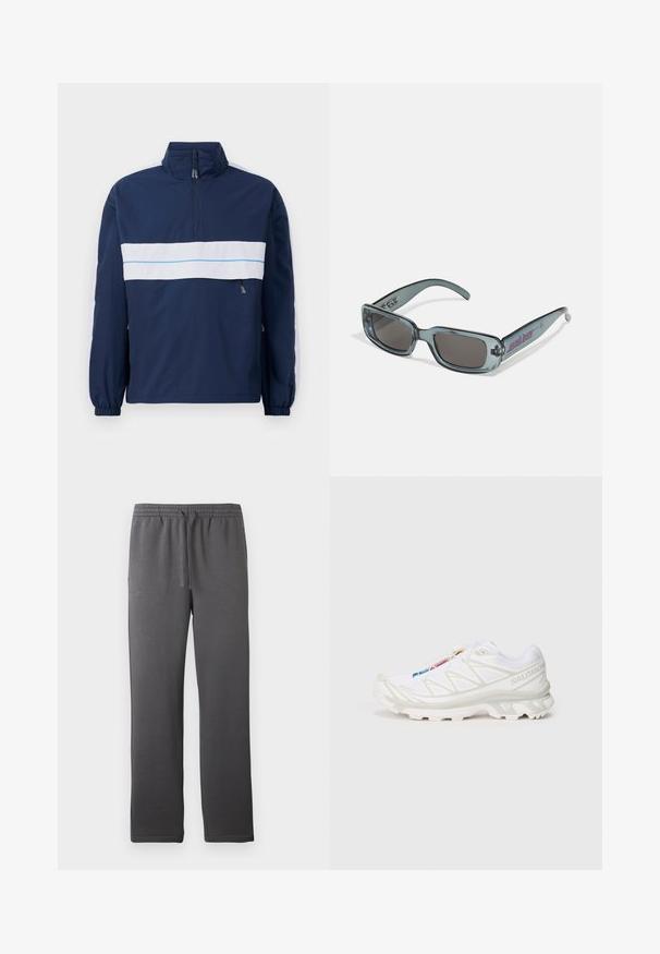 Marineblå genserjakke med høy krage, med en hvit horisontal stripe og lyseblå detaljer over brystet. Elastiske ermer.; To passformerede tanktopper i sort og hvid. Lavet af ribbet bomuld, de har brede stropper og afrundede halsudskæringer. Branding på kraven.; Grå treningsbukser med elastisk midje, snøring og en glatt tekstur. Har en rett ben-design og ingen synlige lommer.; Hvite joggesko med teksturert mesh-overdel, reflekterende detaljer og dempet såle. Merkbar merkevarelogo på siden.; Santa Cruz INFERNO UNISEX - Solbriller - crystal black