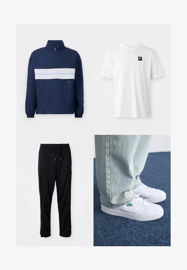 Navy modra pulover jakna z visokim ovratnikom, z belimi horizontalnimi črtami in svetlo modrim poudarjenjem čez prsi. Elastični manšeti.; Bela bomba iz 100% bombaža s kratkimi rokavi in okroglim izrezom; na levem prsnem delu ima majhen črn pravokotni logotip Nike Air.; Črne casual hlače z vrvico v pasu, s stranskimi žepi in ravnim rezom na enobarvni podlagi.; Bela usnjena športna obutev z zelenim Nike logotipom, okrogla konica, ravna podplat, v kombinaciji z svetlo modrimi kavbojkami, prikazana na modrem preprogu.