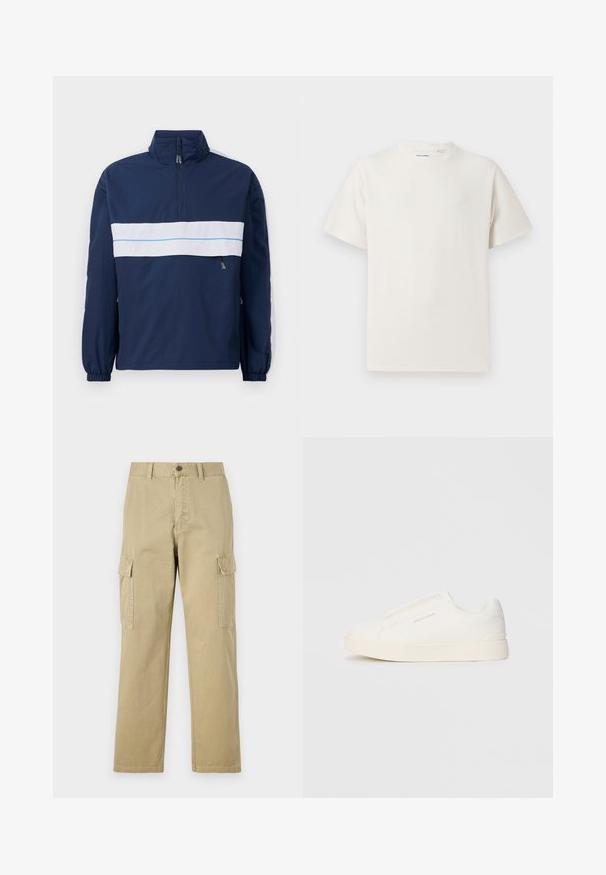 Navy blue pullover jacket with a high collar, featuring a white horizontal stripe and light blue accent across the chest. Elastic cuffs.; White short-sleeve T-shirt in a ribbed texture. Round neckline, relaxed fit, no visible patterns or accents. Simple and versatile design.; Beige cargo pants made of cotton, featuring two side pockets, a button closure, and straight legs with a slightly textured fabric.; White slip-on sneakers with a textured surface, a thick sole, and minimalistic design. Features brand logo on the side.