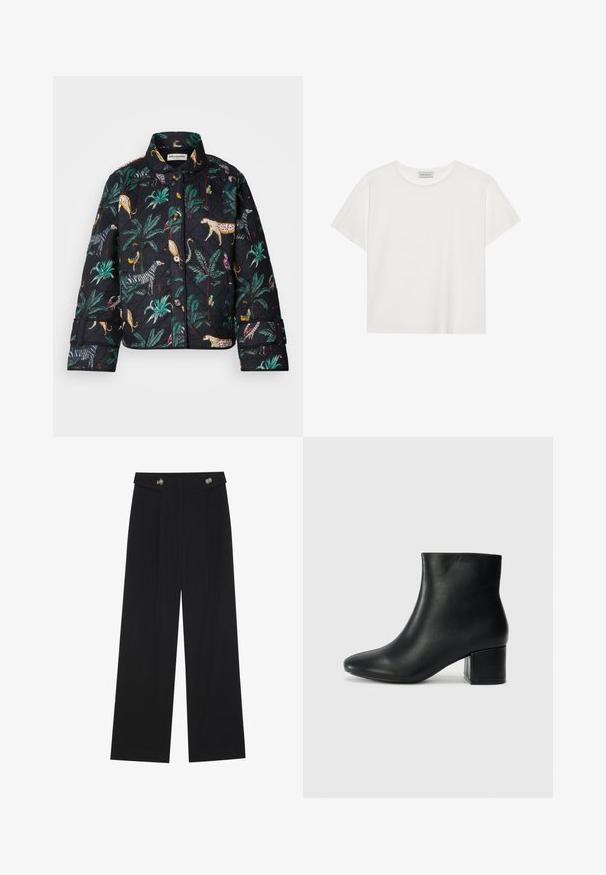 Lollys Laundry QUILTED JACKET - Lett jakke - washed black; Hvit T-skjorte med kort erm laget av myk bomull. Har rund hals og avslappet passform. Rent design uten synlige mønstre eller aksenter.; Svart vide bukser med høy midje, knappdetaljer på midjebåndet og frontplisser.; Sorte skinn ankelsko med spiss tå og chunky hæl. Glatt tekstur med minimale detaljer og et elegant, tettsittende design.