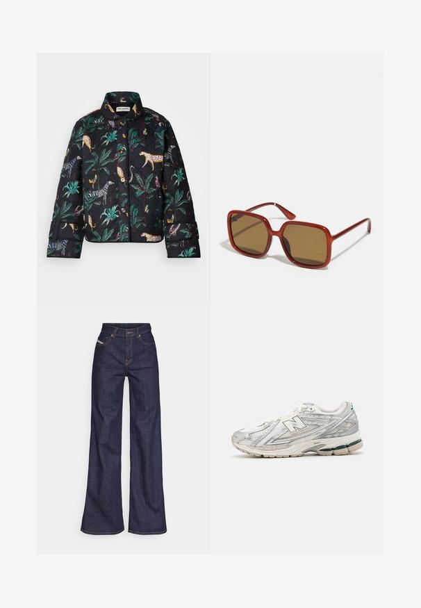 Lollys Laundry QUILTED JACKET - Viegla jaka - washed black; Balta kokvilnas topiņa ar platu kakla izgriezumu un plānām plecu lencēm. Gluda tekstūra bez redzamām apdrukām vai rotājumiem.; Tumši zili platleņķa džinsi no denima auduma ar augstu jostasvietu, ar oranžām šuvēm, piecu kabatu dizainu un pogu aizdari.; Skriešanas apaviem ir sudraba un baltas krāsas acu materiāls ar zaļu akcentu. Zole ir masīva un teksturēta, izstrādāta, lai nodrošinātu amortizāciju un atbalstu.; Sarkani kvadrātveida saulesbrilles ar brūnām tonētām lēcām. Biezas, spīdīgas kājas un plānas rokturi ar nelielu detaļu sānos vizuālai interesei.; Sudraba riņķveida auss gredzeni ar gludu, pulētu apdari. Apaļa forma un drošs klikšķa augšējais slēgums. Viegls dizains, kas piemērots ikdienas valkāšanai.