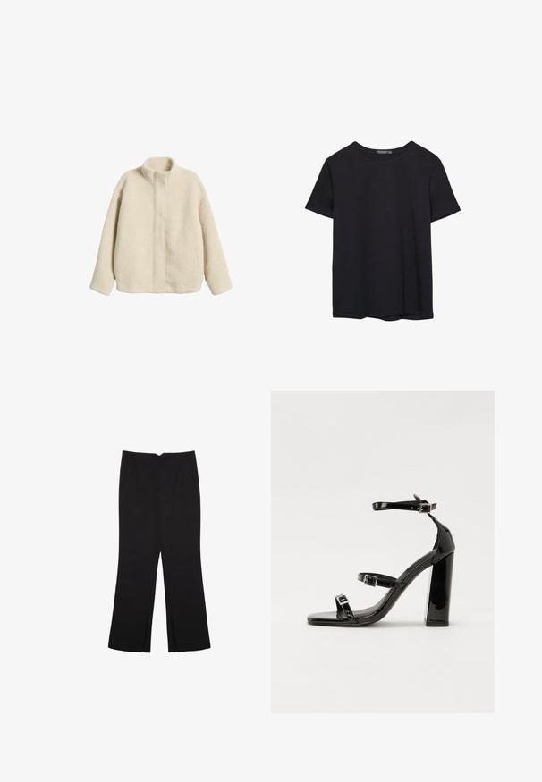 Crèmekleurige fleecejas met een hoge kraag, een ontspannen pasvorm en zichtbare naden. Zachte, gestructureerde oppervlakte zonder extra functies of hardware.; Effen kortemouwen zwarte katoenen T-shirt met ronde hals, weergegeven op een witte achtergrond.; Zwarte broek met een rechte pasvorm, voorzien van zijzakken en plooien aan de onderzijde. Gemaakt van zachte, gladde stof. Geschikt voor verschillende gelegenheden.; Zwarte gepatenteerde sandalen met hak en een vierkante neus, enkelbandjes en zilveren gespen. Heeft een stevige blokhak voor stabiliteit.