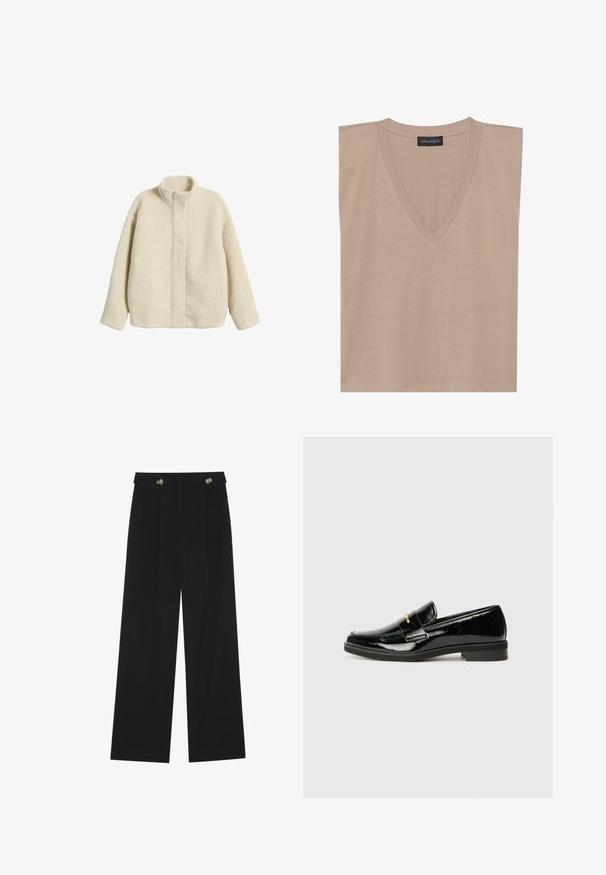 Cremfarbene Fleecejacke mit hohem Kragen, lässiger Passform und sichtbaren Nähten. Weiche, strukturierte Oberfläche ohne zusätzliche Merkmale oder Beschläge.; Beige ärmelloses V-Ausschnitt-Oberteil mit einem schwarzen Etikett, auf dem "ANNA FIELD" steht, am Kragen, flach auf weißem Hintergrund ausgelegt.; Schwarze weite Hosen mit hoher Taille, Knopfdetails am Bund und vorderen Falten.; Schwarze Lacklederloafer mit niedrigem Absatz, ausgestattet mit einem Riemen und goldenen Akzenten entlang der Oberseite, glatter Textur und abgerundetem Zehenbereich.