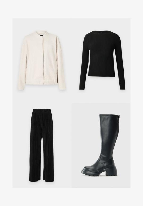 Krēmkrāsas jaka, izgatavota no teksturēta materiāla, ar apaļu apkakli, garām piedurknēm un priekšējo aizdari bez redzamām pogām.; Melna, ribota, garām piedurknēm pieguļoša džemperis ar apaļu kakla izgriezumu, izlikta pret vienkāršu gaišu fonu.; Melni plīšu bikses ar elastīgu jostu. Tām ir platākas kājas un gluda, teksturēta auduma ar vertikālām svītrām.; Augstas melnas ādas zābakus ar masīvu platformu un bloka papēdi, ar vilkšanas cilpu un strukturētu profilu uz ārējā zoles.