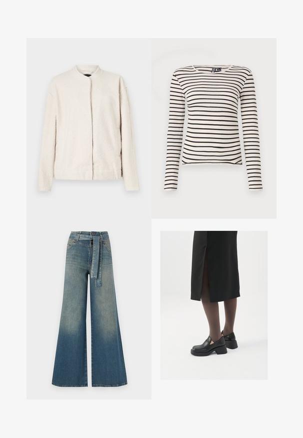 Krémszínű dzseki, amely textúrált anyagból készült, kerek gallérral, hosszú ujjakkal, és elől gombok nélkül záródik.; Csíkos, hosszú ujjú felső krém és fekete színben. Bordázott anyagú, kerek nyakú. Egyenes szegély, enyhe oldalhasítékokkal.; Bőszárú farmernadrág, világos és sötétkék árnyalatokkal, magas derekú, övgyűrűkkel és a nadrággal megegyező anyagú övvel. Textúrált farmer kivitel.; Fekete bőr cipők lekerekített orral, vastag blokk sarkakkal és elasztikus oldalsó díszítésekkel, sötét harisnyával és hasítékkal ellátott fekete szoknyával párosítva.