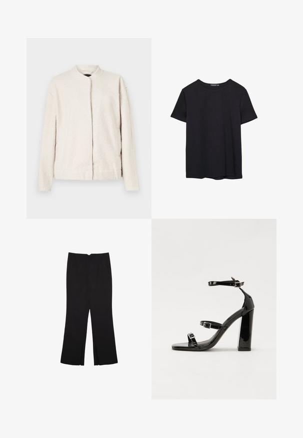 Kremasto bež jakna od teksturiranog materijala, s okruglim ovratnikom, dugim rukavima i prednjim zatvaranjem bez vidljivih dugmadi.; Pura crna pamučna majica kratkih rukava s okruglim izrezom, prikazana na bijeloj pozadini.; Crne hlače ravnog kroja, s prednjim džepovima i bočnim prorezima na rubu. Izrađene od mekog i glatkog materijala. Pogodne za razne prigode.; Crne lakirane sandale na pete sa kvadratnim nosom, trakama oko gležnja i srebrnim kopčama. Imaju čvrst blok petu za stabilnost.