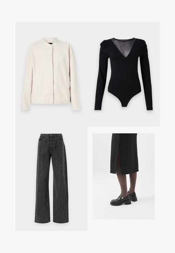 Jasno kremowy żakiet wykonany z teksturowanego materiału, z okrągłym kołnierzem, długimi rękawami i przednim zapięciem bez widocznych guzików.; Czarny body z długimi rękawami, z siateczkowym dekoltem w kształcie litery V oraz marszczonym detalem na ramionach. Gładki materiał o dopasowanym kroju.; Noisy May NMJANNEL czarny denim; Czarne skórzane buty z okrągłym noskiem, grubym blokowym obcasem i elastycznymi akcentami po bokach, zestawione z ciemnymi rajstopami i czarną spódnicą z rozcięciem.