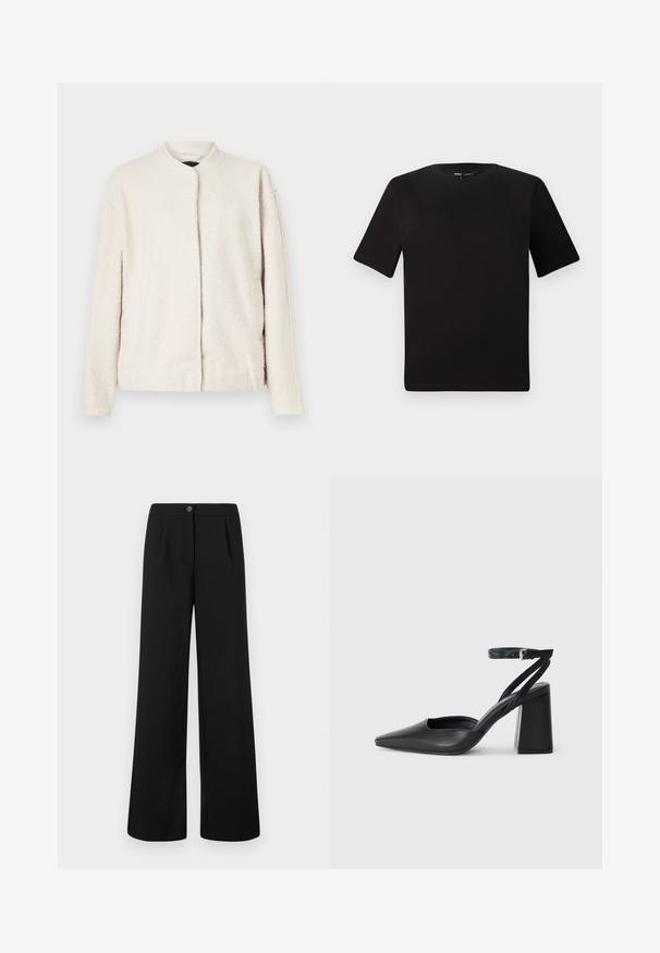 Casaco de cor creme feito de material texturizado, apresentando um colarinho redondo, mangas longas e um fecho frontal sem botões visíveis.; T-shirt preta de mangas curtas com decote redondo, feita de tecido de algodão suave. Design simples, sem logótipos ou padrões visíveis.; Calças largas de cintura alta pretas com fecho frontal em botão e zipper, apresentando pregas subtis abaixo da cintura.; Sandal com biqueira afilada em couro preto, com cinta no tornozelo e salto grosso. Textura lisa, design elegante e estética minimalista.