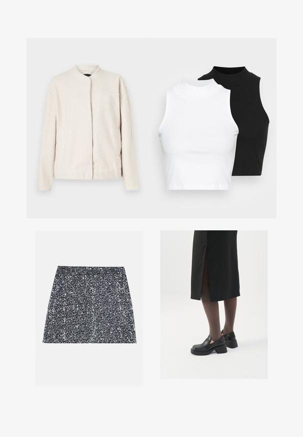 Krémszínű dzseki, amely textúrált anyagból készült, kerek gallérral, hosszú ujjakkal, és elől gombok nélkül záródik.; Két ujjatlan, bordázott garbós top fekete és fehér színben, testhezálló kialakítással és sima textúrával, rövidített hosszal.; Ezüst flitterekkel díszített mini szoknya, amely texturált mintával és egyenes szabással rendelkezik. Az anyag fényes és tükröződő hatású.; Fekete bőr cipők lekerekített orral, vastag blokk sarkakkal és elasztikus oldalsó díszítésekkel, sötét harisnyával és hasítékkal ellátott fekete szoknyával párosítva.